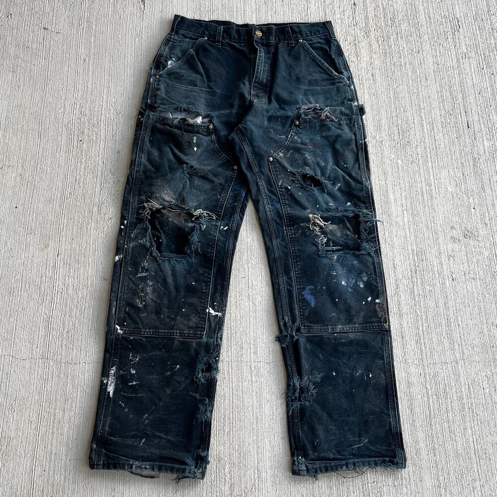 Carhartt B01 BLK thrashed faded black double knee work wear carpenter pants